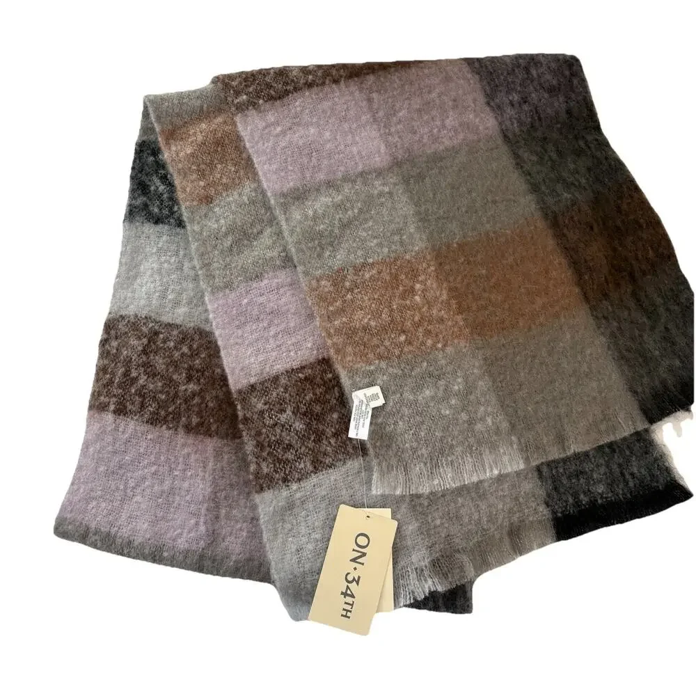 New On 34th Classic Large Check Supersoft Wrap Scarf Gray, Brown, Lavender